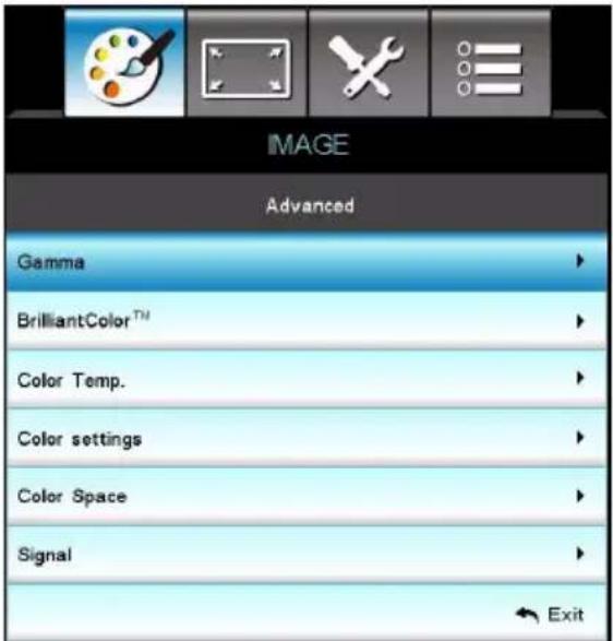 IMAGE Advanced Gamma BrilliantColor™ Color Temp. Color settings Color Space Signal Exit