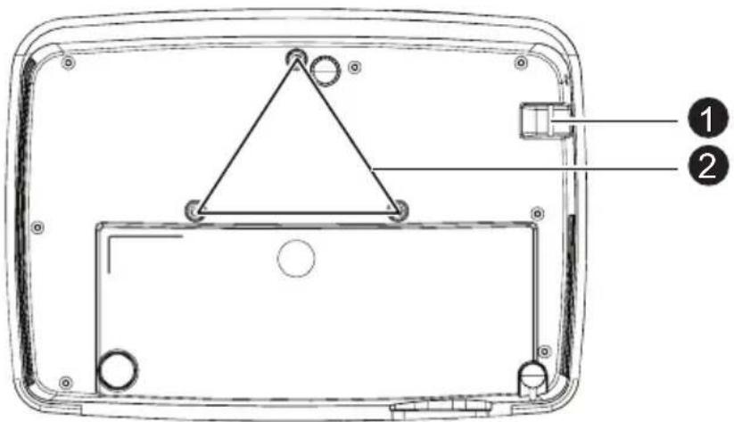 Technical diagram of a device rear panel with labeled components and triangular component