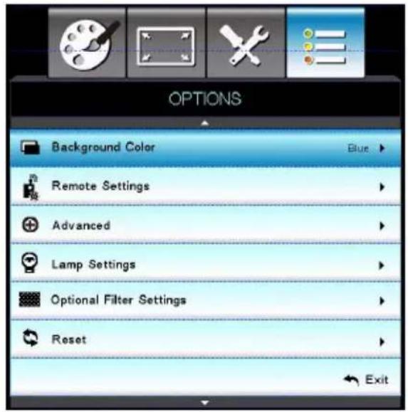 OPTIONS Background Color Blue Remote Settings Advanced Lamp Settings Optional Filter Settings Reset Exit