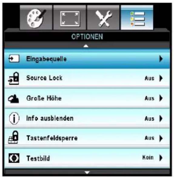 OPTIONEN Eingabequelle Source Lock Große Höhe Info ausblenden Tastenfeldsperre Testbild Aus Aus Aus Aus Koin