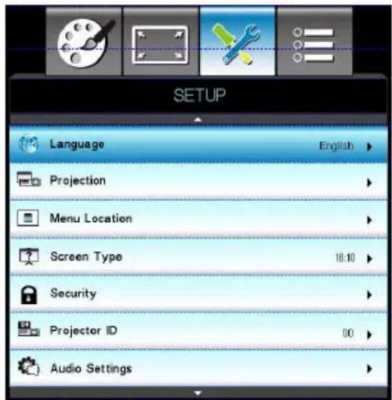 SETUP Language English Projection Menu Location Screen Type 16:10 Security Projector ID 00 Audio Settings