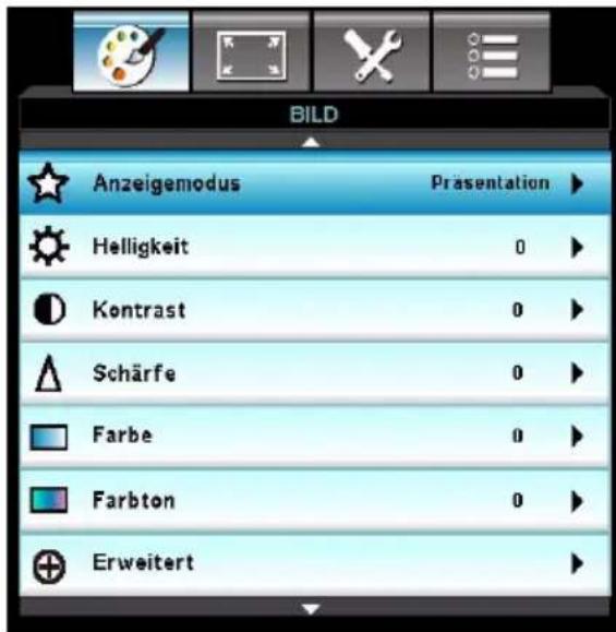 BILD Anzeigemodus Präsentation Helligkeit 0 Kontrast 0 Schärfe 0 Farbe 0 Farbton 0 Erweitert