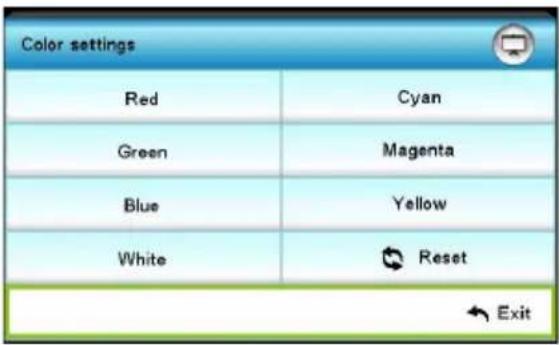 Color settings Red Cyan Green Magenta Blue Yellow White Reset Exit