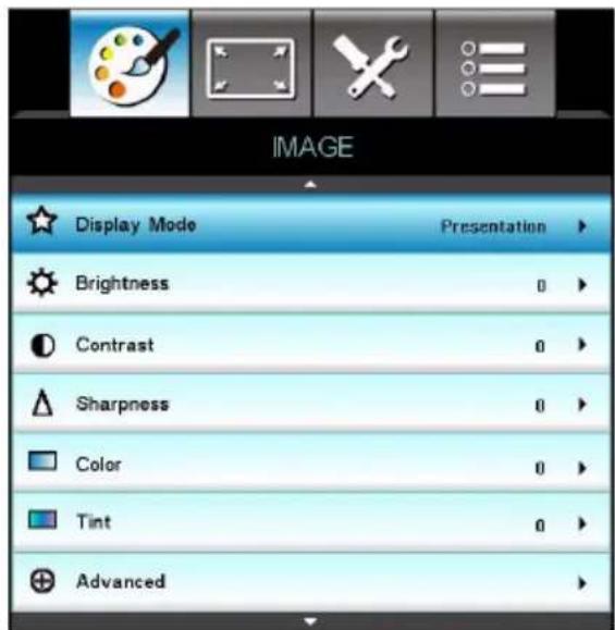IMAGE Display Mode Presentation Brightness 0 Contrast 0 Sharpness 0 Color 0 Tint 0 Advanced