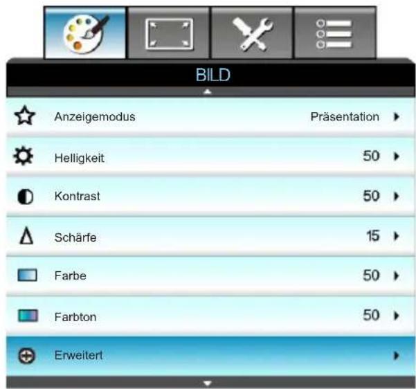 BILD Anzeigemodus Präsentation Helligkeit 50 Kontrast 50 Schärfe 15 Farbe 50 Farbton 50 Erweitert