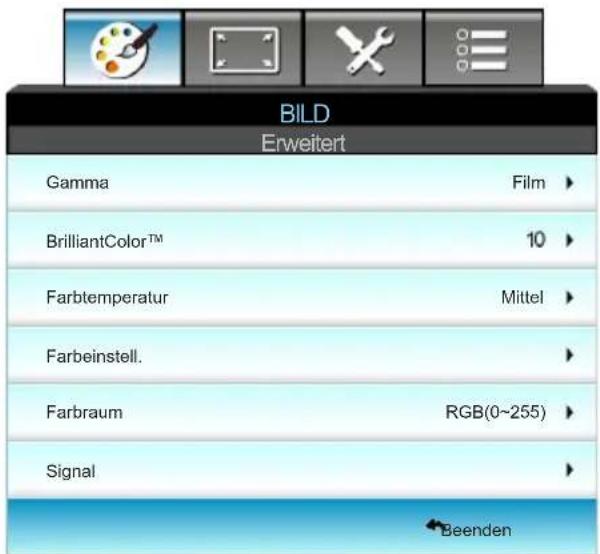 BILD Erweitert Gamma Film ► BrilliantColor™ 10 ► Farbtemperatur Mittel ► Farbeinstell. ► Farbraum RGB(0~255) ► Signal ► ← Beenden