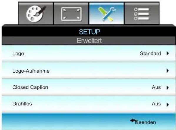 SETUP Erweitert Logo Standard ▶ Logo-Aufnahme Closed Caption Aus ▶ Drahtlos Aus ▶ Beenden