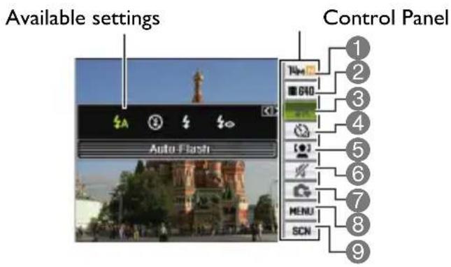 Available settings Control Panel 1 2 3 4 5 6 7 8 9 Auto-Flash