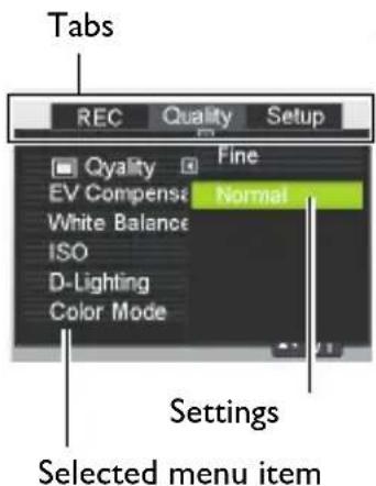 Tabs REC Quality Setup Quality Fine EV Compense Normal White Balance ISO D-Lighting Color Mode Settings Selected menu item