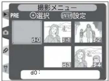 撮影メニュー PRE 選択 ENTER 設定 d-0 d-1 d-2 d-3 d-4 d0: