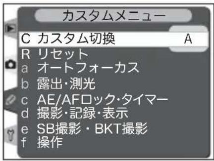 カスタムメニュー C カスタム切換 A R リセット a オートフォーカス b 露出・測光 c AE/AFロック・タイマー d 撮影・記録・表示 e SB撮影・BKT撮影 f 操作