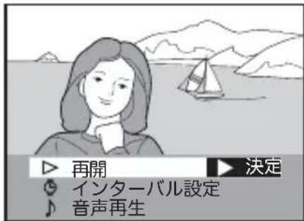 ▶ 再開 ▶ 決定 ○ インターバル設定 ♪ 音声再生