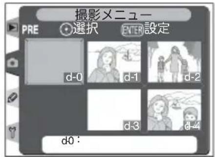 撮影メニュー PRE 選択 ENTER 設定 d-0 d-1 d-2 d-3 d-4 d0 :