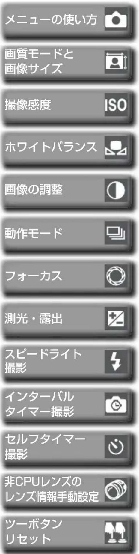 メニューの使い方 画質モードと 画像サイズ 撮像感度 ISO ホワイトバランス 画像の調整 動作モード フォーカス 測光・露出 スピードライト 撮影 インターバル タイマー撮影 セルフタイマー 撮影 非CPUレンズの レンズ情報手動設定 ツーボタン リセット
