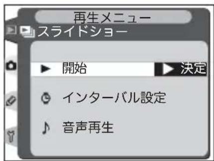 再生メニュー スライドショー ▶ 開始 ▶ 決定 ○ インターバル設定 ♪ 音声再生