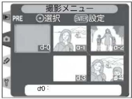 撮影メニュー PRE 選択 ENTER 設定 d-0 d-1 d-2 d-3 d-4 d0 :
