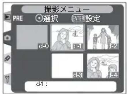 撮影メニュー PRE 選択 ENTER 設定 d-0 d-1 d-2 d-3 d-4 d-1 :