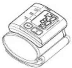 Line drawing of a blood pressure monitor with digital display showing measurement in milliliters