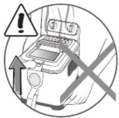 Warning symbol with exclamation mark and crossed-out hand gesture, indicating incorrect safety or hazard