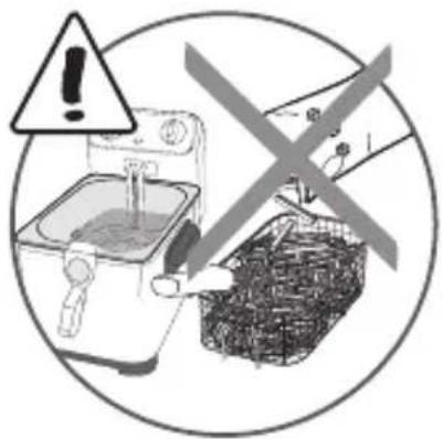 Warning symbol image showing a kitchen with an exclamation mark and a crossed-out basket, indicating incorrect safety or hazard.