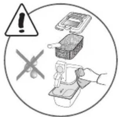 Warning symbol image showing a warning triangle with an exclamation mark, a device with a grid, and a hand holding a device with a person.