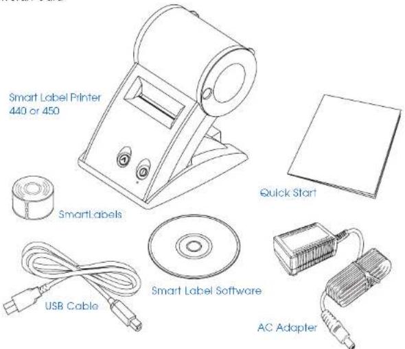 Smart Label Printer 440 or 450 SmartLabels Quick Start USB Cable Smart Label Software AC Adapter