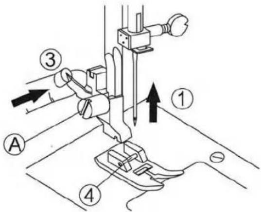 Technical diagram of a sewing machine with numbered parts and directional arrows indicating motion or assembly.