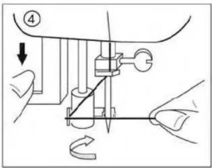 Technical diagram showing a sewing machine needle and handle mechanism with labeled parts and directional arrows