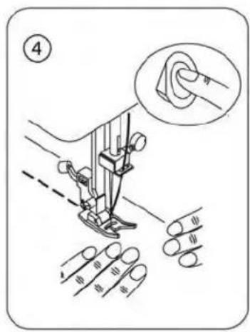 Diagram illustrating a sewing machine needle stitching with a magnified close-up showing the fabric being placed on the sleeve.