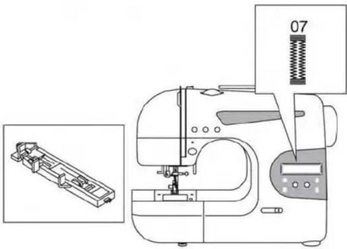 Technical diagram of a sewing machine with labeled component '07' and close-up view of internal components