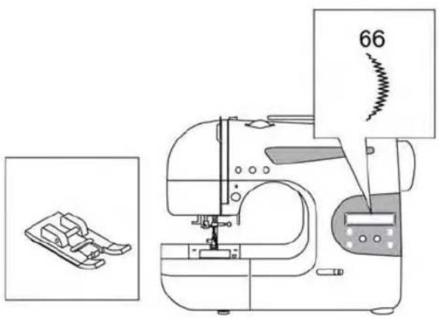 Technical diagram of a sewing machine with labeled parts and a magnified inset showing the base component.