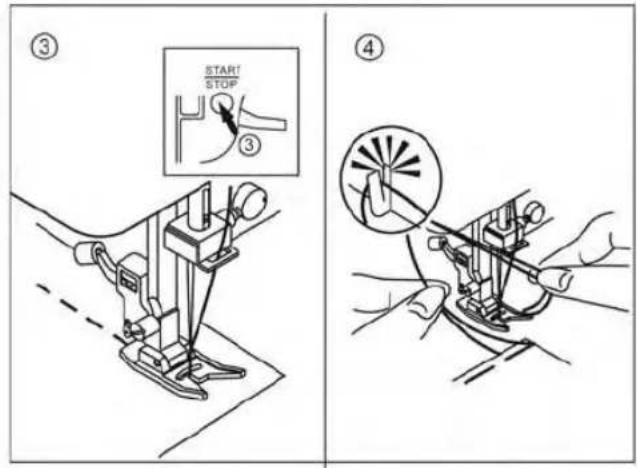 Technical diagram illustrating sewing process steps with labeled instructions and diagrams