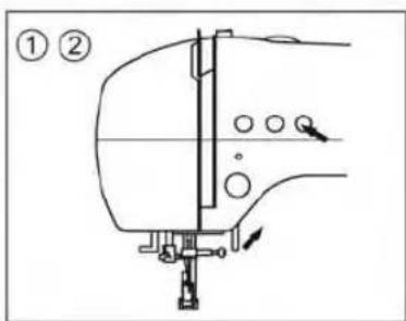 Technical diagram of a sewing machine with numbered parts and directional arrows indicating movement or operation