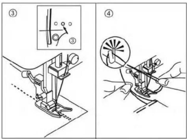 Technical diagram illustrating sewing process steps with labeled diagrams and magnified views