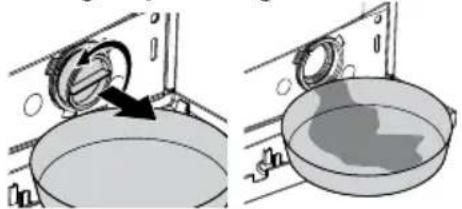 Two-step diagram showing a washing machine with a black arrow pointing to the dial and a close-up of liquid in a bowl (no text or symbols)