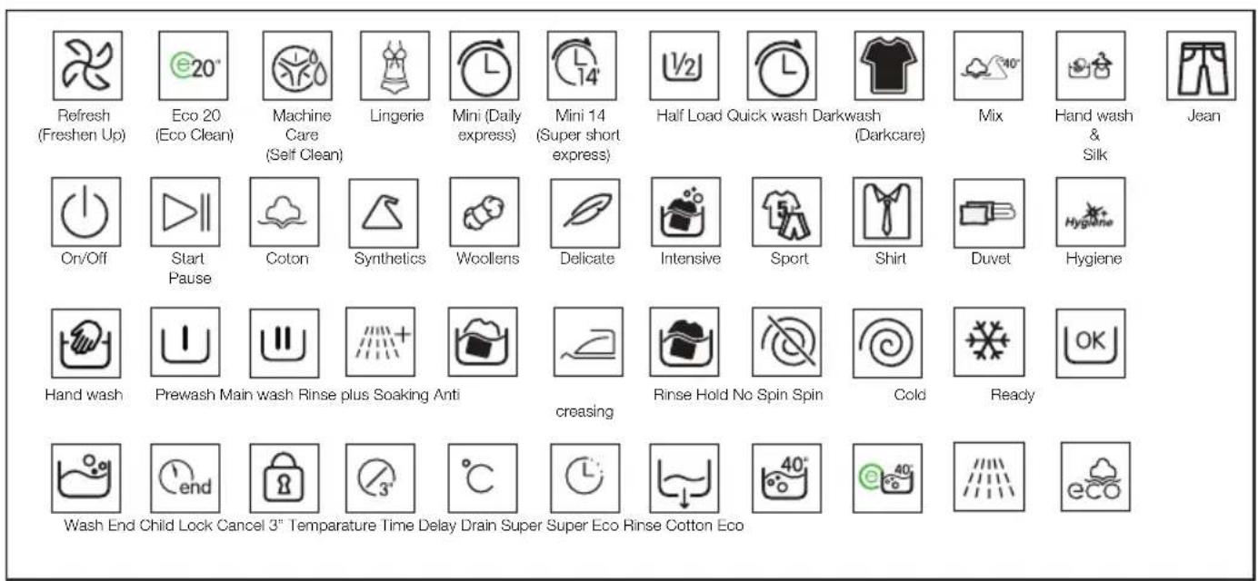 Refresh (Freshen Up) Eco 20 (Eco Clean) Machine Care (Self Clean) Lingerie Mini (Daily express) Mini 14 (Super short express) Half Load Quick wash Darkwash (Darkcare) Mix Hand wash & Silk Jean On/Off Start Pause Coton Synthetics Woollens Delicate Intensive Sport Shirt Duvet Hygiene Hand wash Prewash…