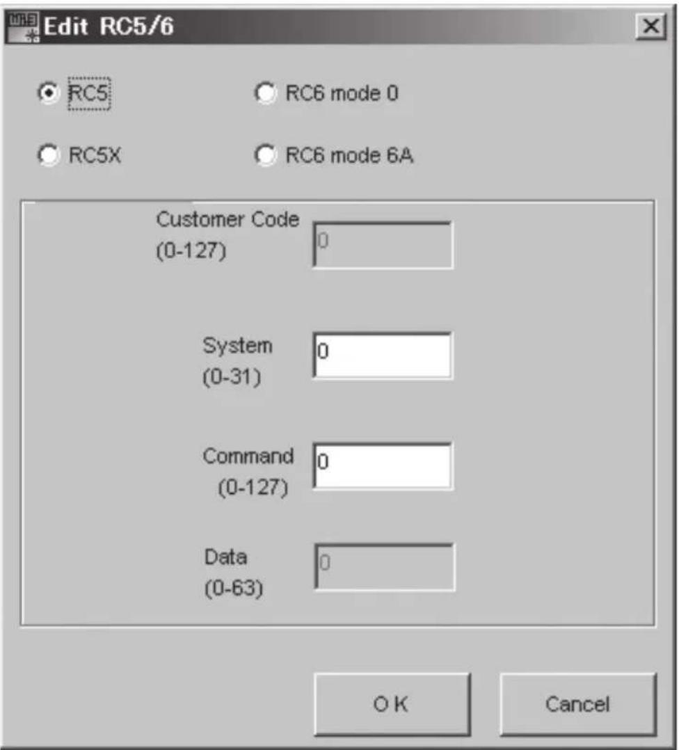 Edit RC5/6 RC5 RC6 mode 0 RC5X RC6 mode 6A Customer Code (0-127) System (0-31) Command (0-127) Data (0-63) OK Cancel