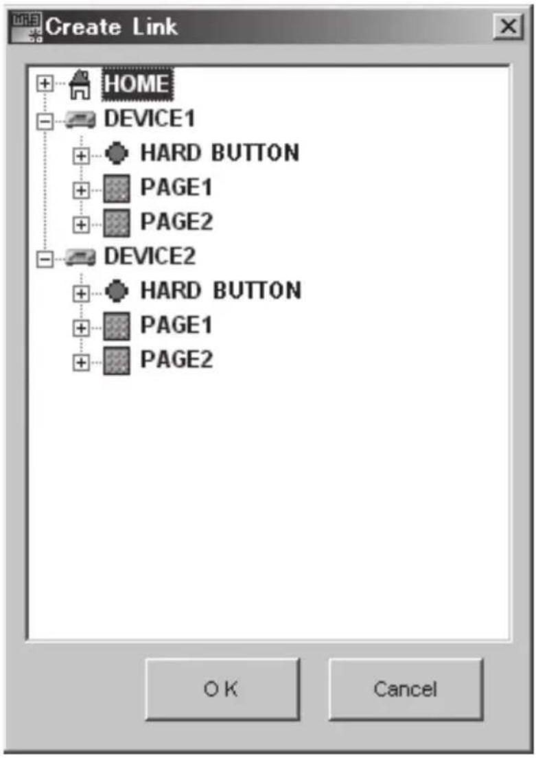 Create Link HOME DEVICE1 HARD BUTTON PAGE1 PAGE2 DEVICE2 HARD BUTTON PAGE1 PAGE2 OK Cancel