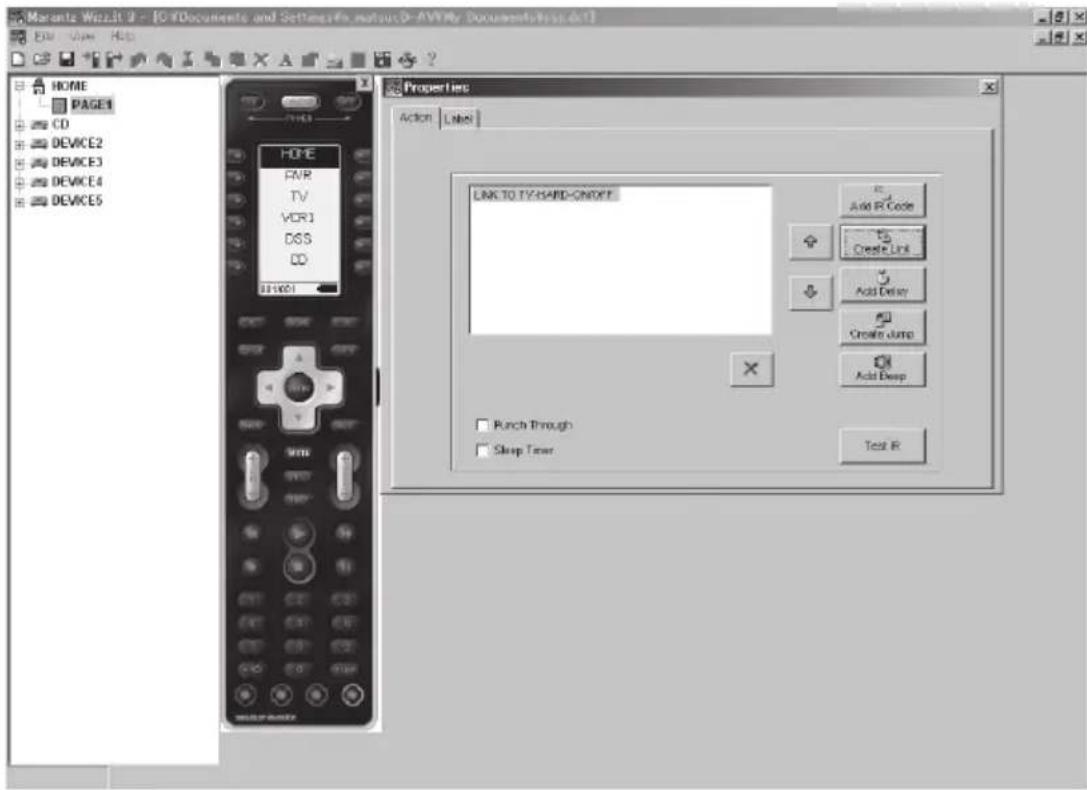 Marantz Web21.2 - [O:\Documents and Settings\frx.matsuc\DF-AVYRy Documents\frx.dct] File Edit Help HOME PAGE1 CD DEVICE2 DEVICE3 DEVICE4 DEVICE5 HOME FWR TV VCR1 DSS DD LINK TO TY-HARD-ONOFF LINK TO TY-HARD-ONOFF Add R Code Create Link Add Delay Create Jump Add Deep Punch Through Sleep Timer Test R