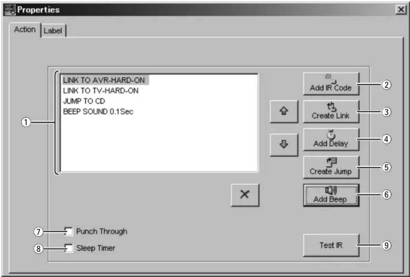 Properties Action Label LINK TO AVR-HARD-ON LINK TO TV-HARD-ON JUMP TO CD BEEP SOUND 0.1Sec Add IR Code Create Link Add Delay Create Jump Add Beep Test IR Punch Through Sleep Timer