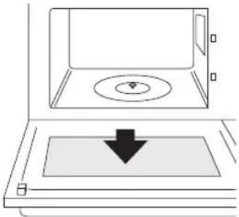 Diagram of a microwave oven with a downward arrow indicating cooling or discharging (no text or symbols)