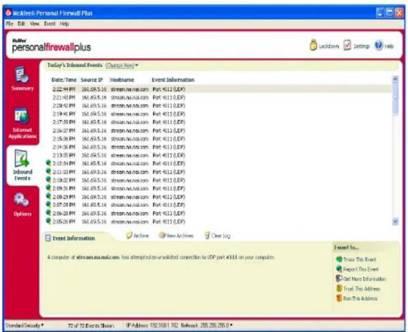 McKeeck Personal Firewall Plus File Edit View Event Help Mknew personalfirewallplus Lockdown Settings Help Today's Inbound Events (Change Now) Date/Time Source IP Hostname Event Information 2:22:44 PM 161.69.5.16 stream.na.nai.com Port 4111 (UDP) 2:21:43 PM 161.69.5.16 stream.na.nai.com Port 4111 (U…