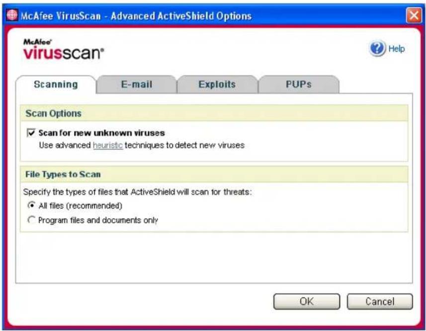 McAfee VirusScan - Advanced ActiveShield Options McAfee® virusscan® Help Scanning E-mail Exploits PUPs Scan Options ✓ Scan for new unknown viruses Use advanced heuristic techniques to detect new viruses File Types to Scan Specify the types of files that ActiveShield will scan for threats: ● All file…