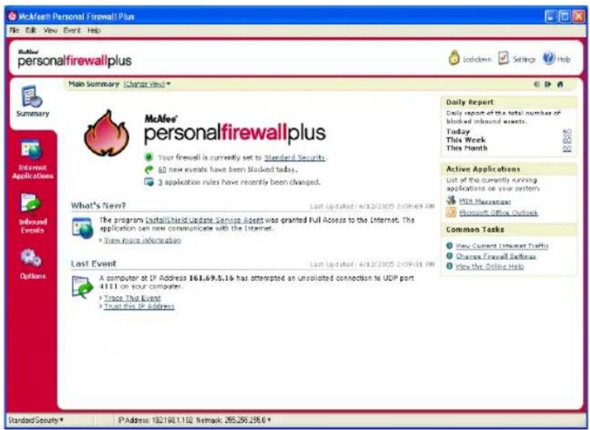 McAfee Personal Firewall Plus File Edit View Event Help McAfee personalfirewallplus Main Summary [Change View] Summary Internet Applications Inbound Events Options McAfee® personalfirewallplus Your firewall is currently set to Standard Security. 60 new events have been blocked today. 3 application r…