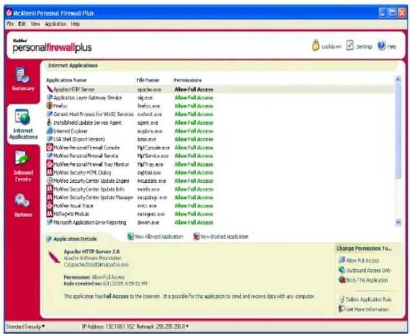 McKline Personal Firewall Plus File Edit View Application Help MacLine personalfirewallplus Lockdown Settings Help Internet Applications Application Name File Name Permissions Apache HTTP Server apache.exe Allow Full Access Application Layer Gateway Service alg.exe Allow Full Access Firefox firefox.…