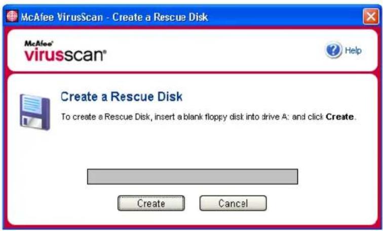 McAfee VirusScan - Create a Rescue Disk McAfee® virusscan® Help Create a Rescue Disk To create a Rescue Disk, insert a blank floppy disk into drive A: and click Create. Create Cancel