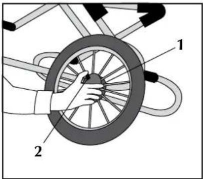 Diagram showing a hand holding a bicycle wheel with labeled parts 1 and 2