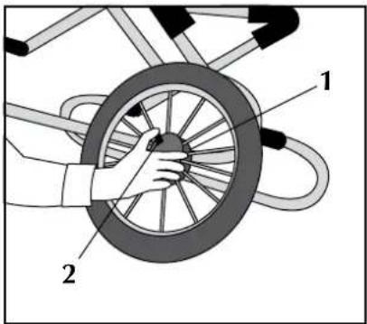 Diagram showing a hand holding a bicycle wheel with labeled parts 1 and 2