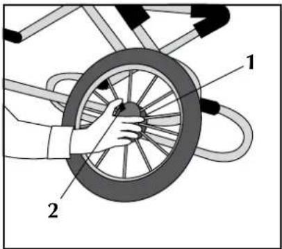 Diagram showing a hand holding a bicycle wheel with labeled parts 1 and 2