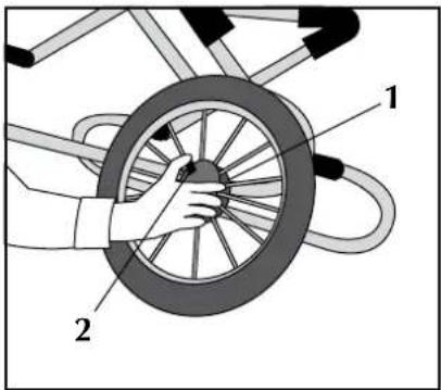 Diagram showing a hand holding a bicycle wheel with labeled parts 1 and 2
